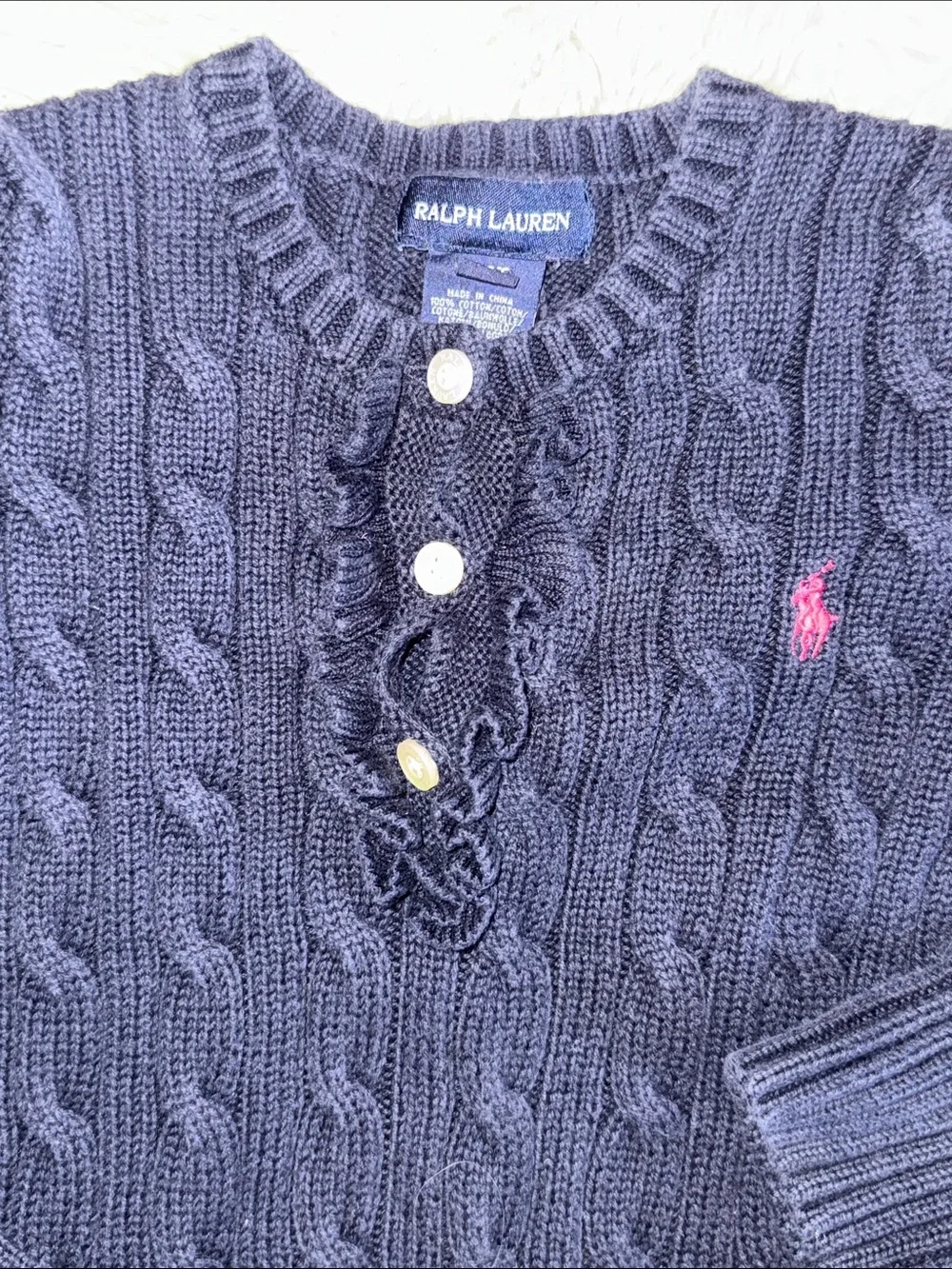 🐎 Ralph Lauren Navy Cable-Knit Sweater with Pink Pony Detail 4/4T
